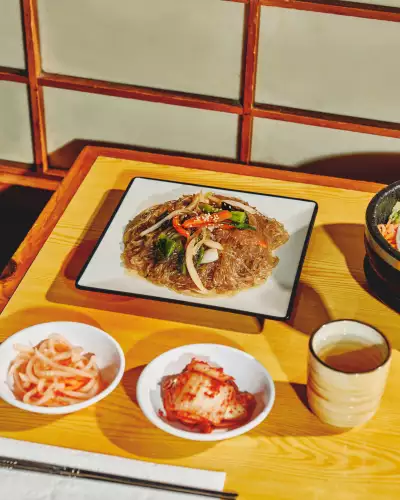 Korean Village Restaurant | Japchae, a dish of stir-fried glass noodles with veggies