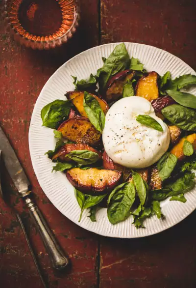 Summer wine | Grilled peach salad with burrata and fresh basil. Summer wine | Grilled peach salad with burrata and fresh basil.