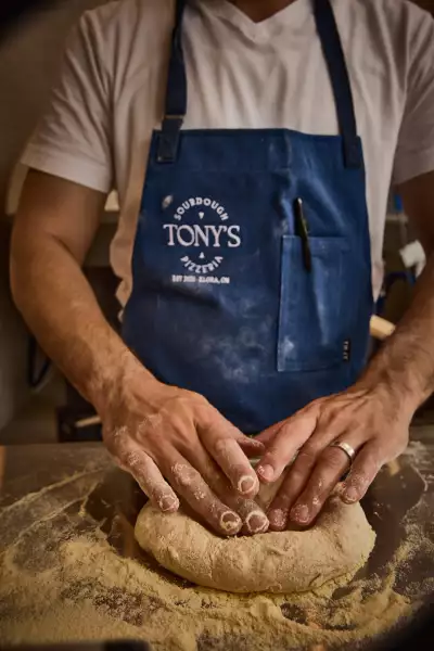 Tony's Sourdough Pizzeria in Elora | Chef Tony Bish kneads dough
