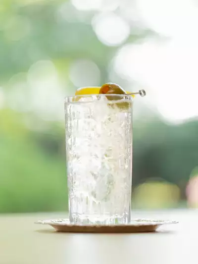 Dirty martini and tonic | A collins glass filled with Dillon's Distillery's Dirty ‘Tini & Tonic