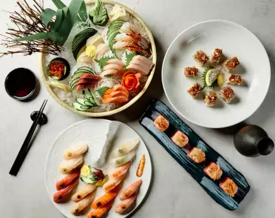 Black + Blue Steakhouse | An overhead shot of sushi, sashimi and seafood at Black + Blue Steakhouse