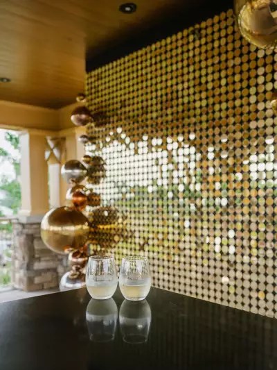 Trius Winery sparkling wine | Two glasses of wine sit in front of a festive gold scene at Trius Winery Trius Winery sparkling wine | Two glasses of wine sit in front of a festive gold scene at Trius Winery