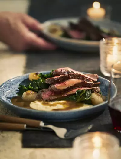 Your Guide to Ontario Beef | Sanagan's FlatIron Steak with Bread Sauce and Roasted Cippolini recipe