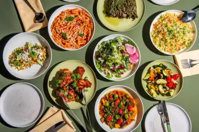 An overhead shot of a spread of dishes from O&B