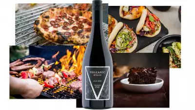 A collage of dishes paired with Volcanic Hills Lava Red