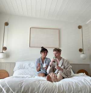 Sitting in bed at The Beach Motel, Southampton, Ontario