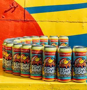 Cans of Phillip's Dinosour Stone Fruit Sour in a semicircle Cans of Phillip's Dinosour Stone Fruit Sour in a semicircle