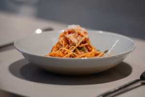 A plate of Spaghetti All'Amatriciana at Occhiolino Toronto A plate of Spaghetti All'Amatriciana at Occhiolino Toronto