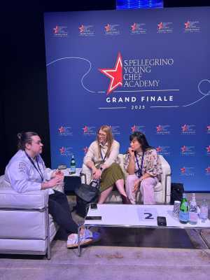 The S. Pellegrino Young Chef Competition | Victoria Rinsma chats onstage with Caroline Aksich and Pay Chen