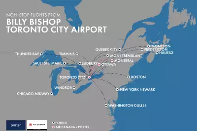 A flight map of the routes from Billy Bishop Toronto City Airport
