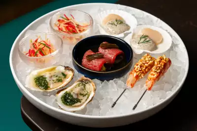 Takja BBQ | A seafood platter at Takja BBQ, featuring oysters, tuna and more
