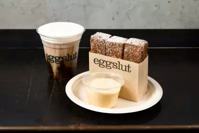 Vanilla Cream Cold Brew and French Toast Sticks at Eggslut