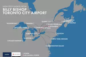 A flight map of the routes from Billy Bishop Toronto City Airport A flight map of the routes from Billy Bishop Toronto City Airport