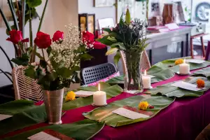 Supper clubs in Toronto | A table set with banana leaf placemats at Mystery Eats Supper clubs in Toronto | A table set with banana leaf placemats at Mystery Eats