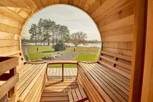 Inside the barrel sauna at Rawley Resort Marina & Spa, Port Severn Inside the barrel sauna at Rawley Resort Marina & Spa, Port Severn