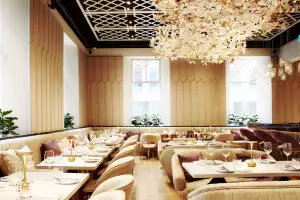 Best downtown Toronto restaurants | A floral chandelier hangs over the dining room at Laylak