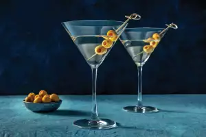 Two dirty martinis with olives