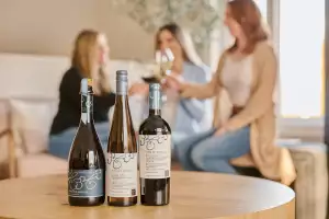 Thirty Bench wines on a table in front of a group of women