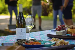 A bottle of Dog Point Sauvignon Blanc and a glass with a spread of food