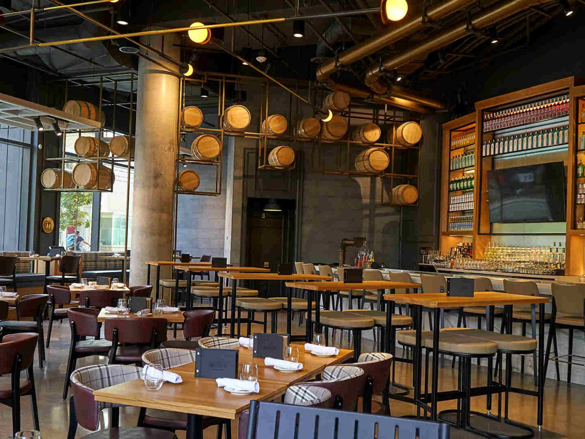 Best breweries in Toronto | Barrels attached to the ceiling at Northern Maverick Brewing