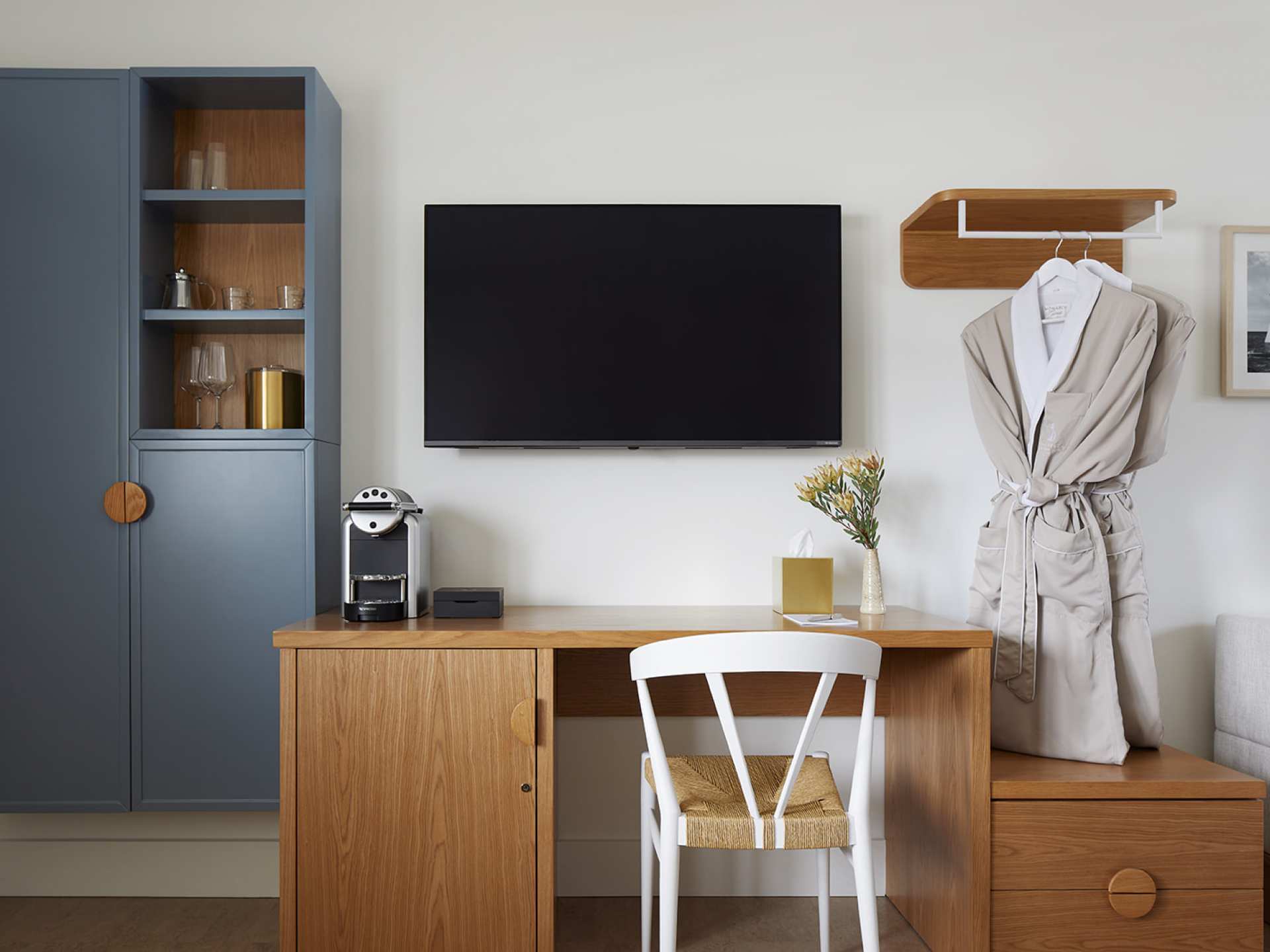 A desk inside a guest room at The Beach Motel, Southampton, Ontario
