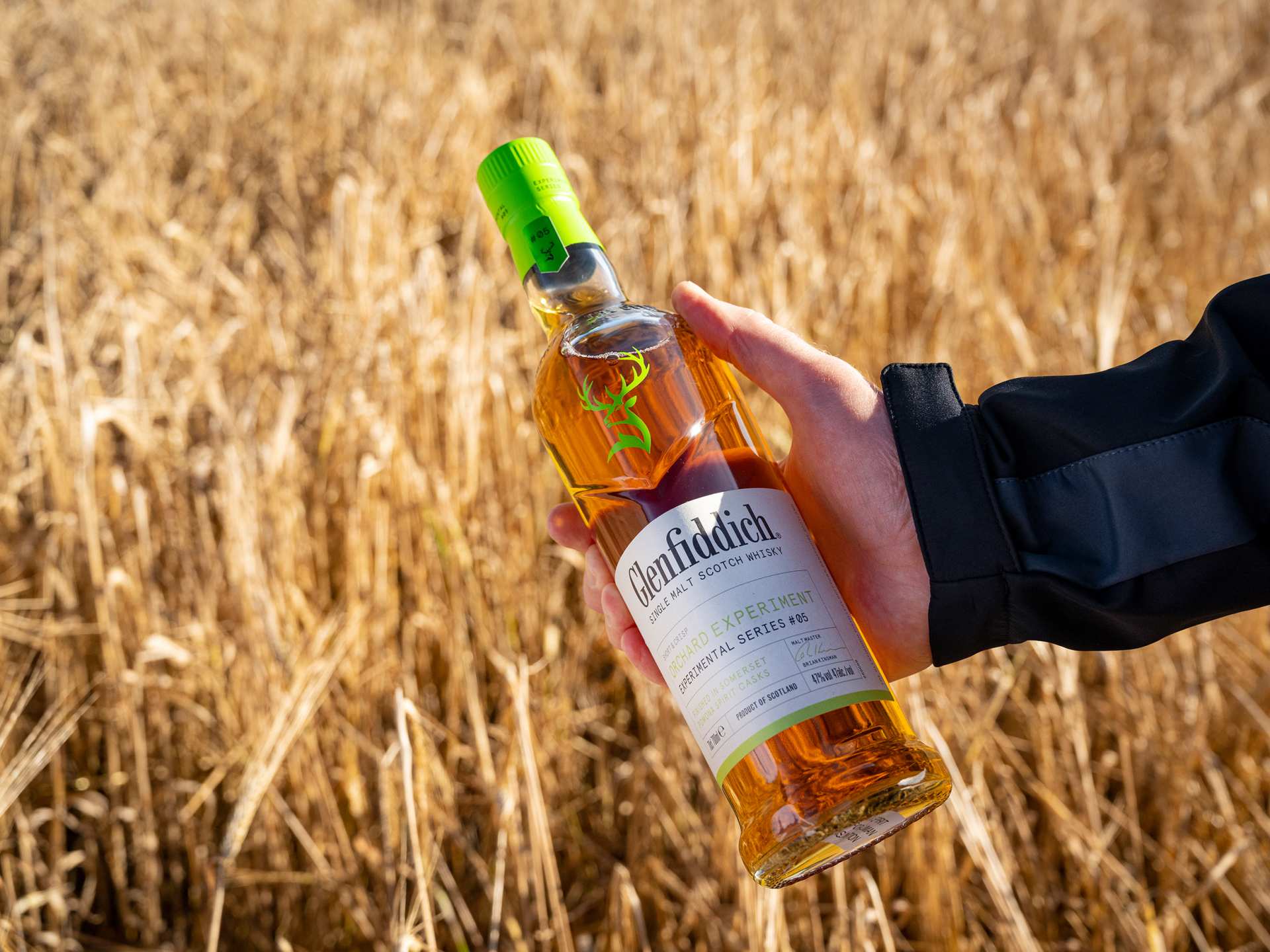 Glenfiddich The Orchard Experiment | A hand holds a bottle of The Orchard Experiment in a field Glenfiddich The Orchard Experiment | A hand holds a bottle of The Orchard Experiment in a field
