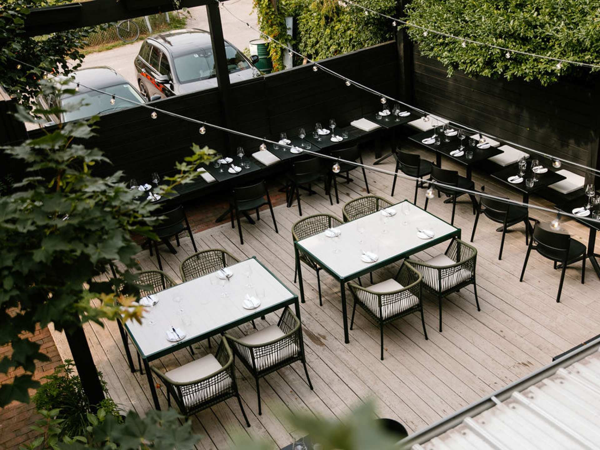 A side overhead view of the patio at Henry's restaurant Toronto