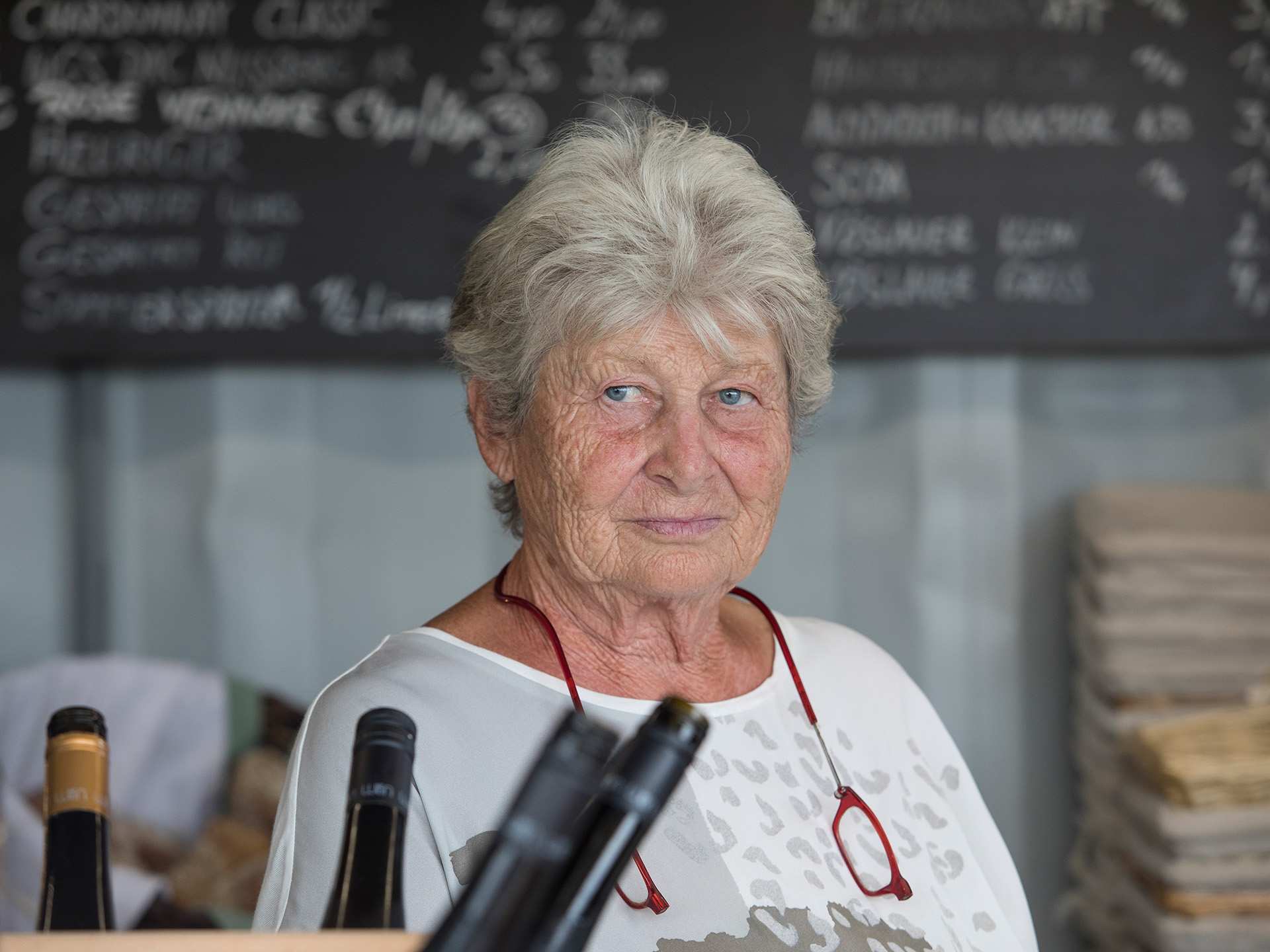 Barbara Wieninger with wine bottles