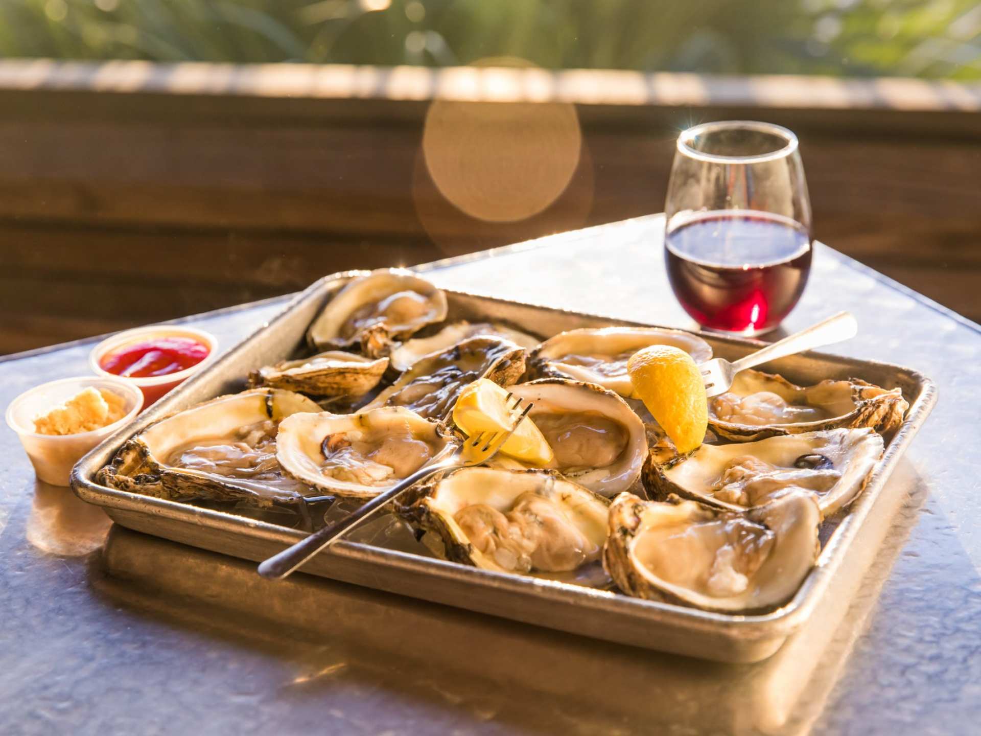 Oysters and red wine at dinner on Amelia Island Oysters and red wine at dinner on Amelia Island