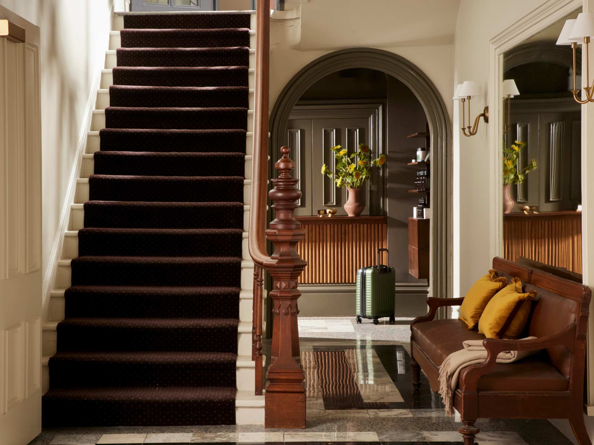 The staircase at The Belvedere Hotel in Kingston