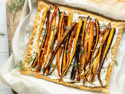 Harissa and Maple Roasted Carrot Tart with Carrot-Top Dill Cream Cheese
