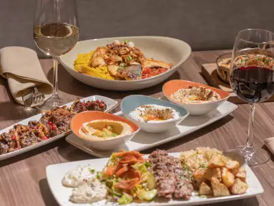 Assorted plates and wine at Darna