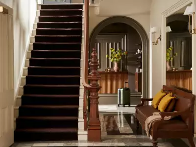 The staircase at The Belvedere Hotel in Kingston