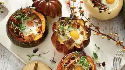 Mini squash pots | Mini squash pots with eggs, pumpkin, chorizo, and cheese