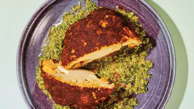 Vegan recipes for dinner | Desiree Nielsen's Whole Roasted Cauliflower with Green Olive Dressing