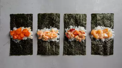 Hello Nori the hand roll bar, Toronto | Four sheets of nori with fillings like truffle lobster lay unrolled