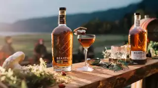 Bearface Matsutake whisky and a glass sitting in the sun