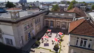 A drone shot of the patio at G. H. Mumm's champagne house in Reims A drone shot of the patio at G. H. Mumm's champagne house in Reims