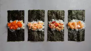 Hello Nori the hand roll bar, Toronto | Four sheets of nori with fillings like truffle lobster lay unrolled
