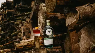Ramsbury Gin Fall | The Chestnut Bramble sits on a log with a bottle of Ramsbury Gin