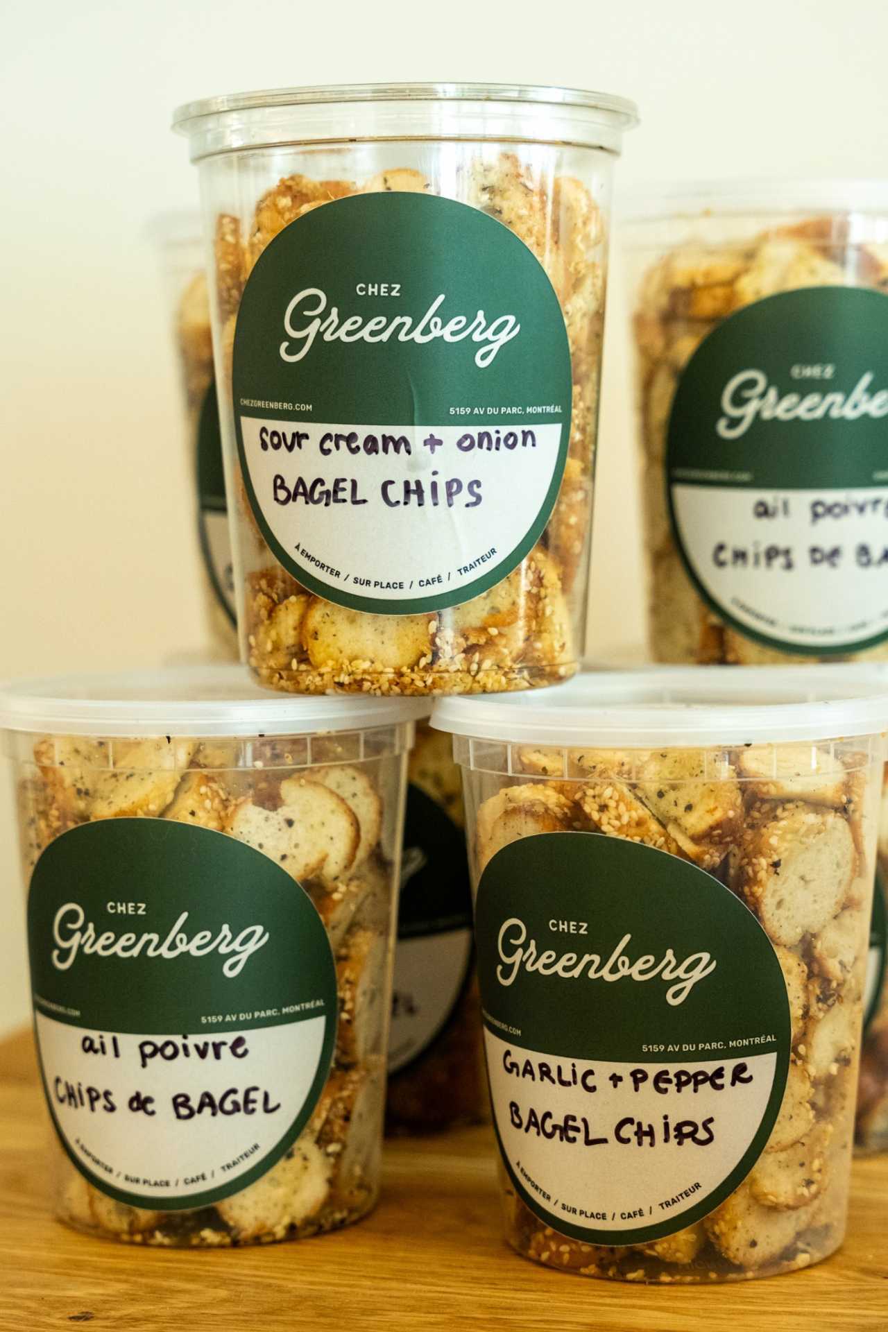 Farm-to-table dining in Qu&eacute;bec: Tupperwares of chips at Chez Greenberg