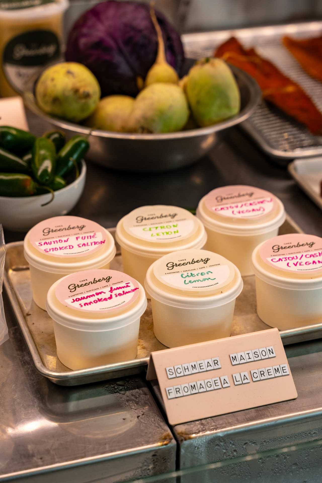 Farm-to-table dining in Qu&eacute;bec: Tubs of cream cheese and other spreads at Chez Greenberg