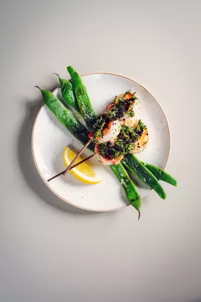 Skewered Shrimp with salsa verde at Lisbon Hotel