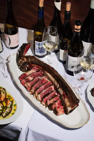 Casa Rubia | Galician bone-in ribeye and glasses of wine at Casa Rubia