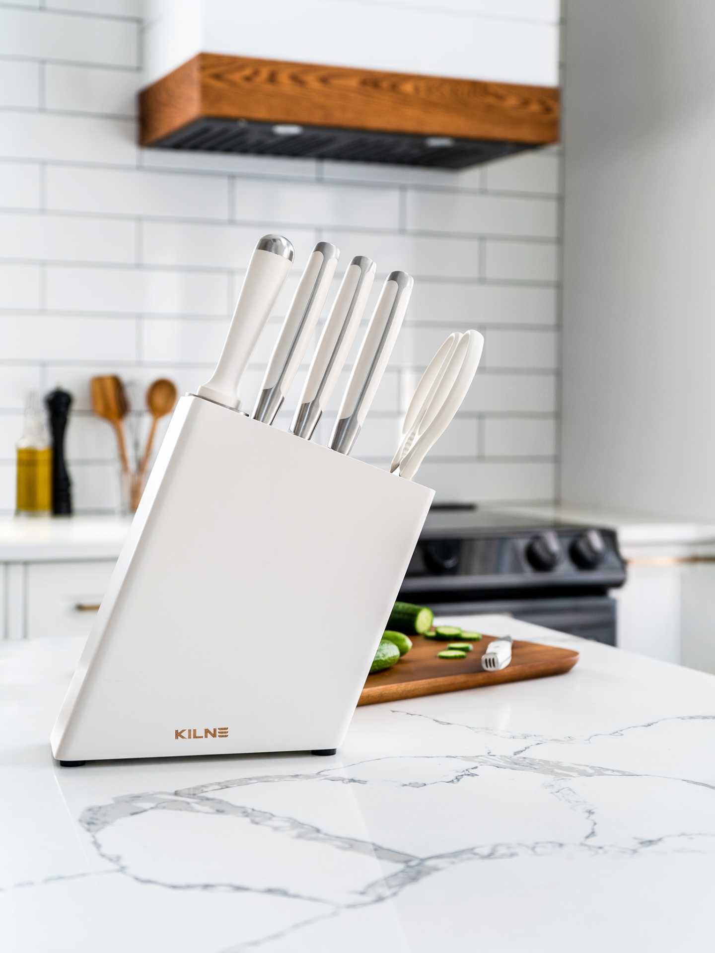 Kilne Ultimate Knife Set review | The white six-piece Kilne Ultimate Knife Set on a white counter Kilne Ultimate Knife Set review | The white six-piece Kilne Ultimate Knife Set on a white counter