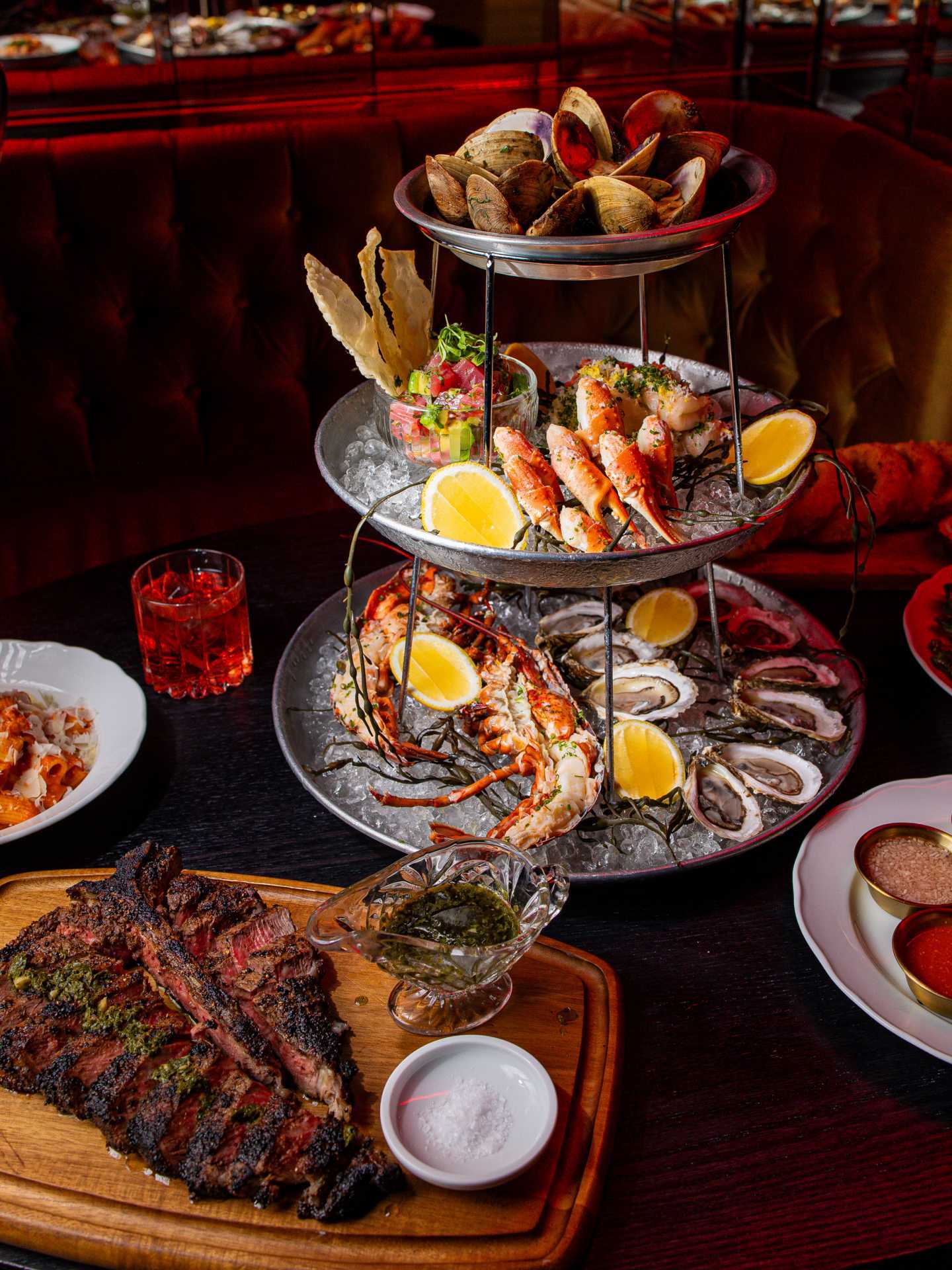 Best downtown Toronto restaurants | A seafood tower and a steak at Maxime's restaurant in Toronto