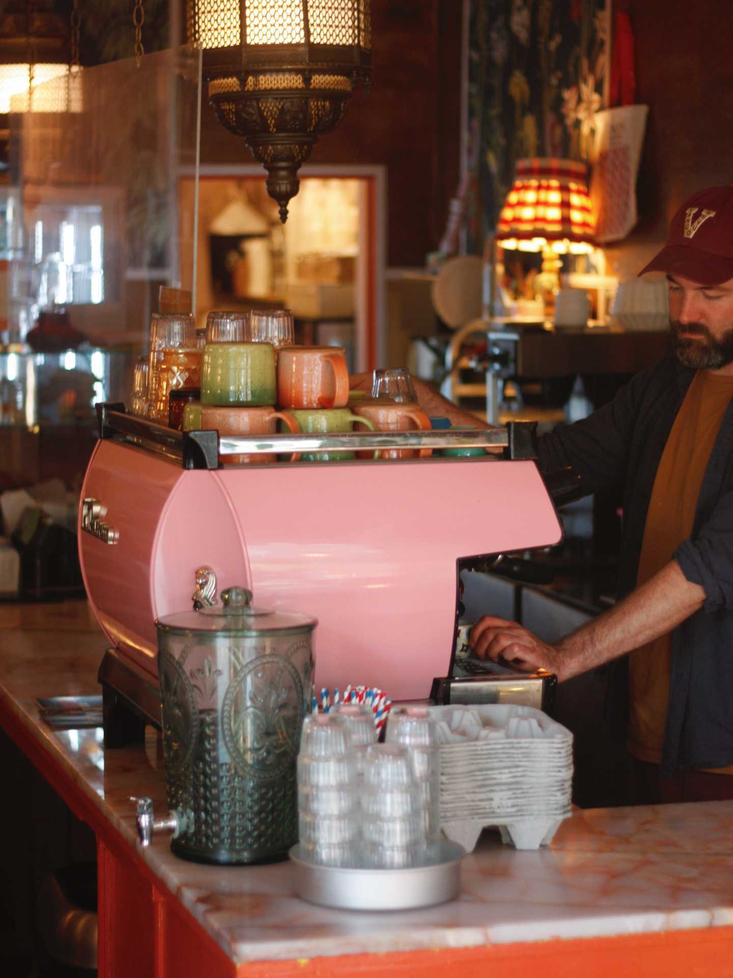 The best cafes in Toronto | The pink espresso machine at Coco's neighbourhood coffee shop