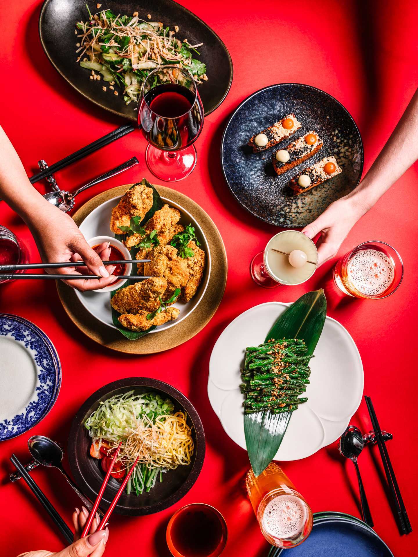 A spread of dishes at Honey Chinese