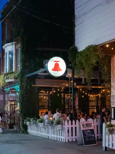 Toronto breweries | The patio and hanging sign outside Bellwoods Brewery