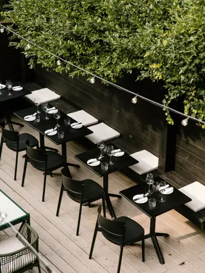 An overhead view of tables on the patio at Henry's restaurant Toronto